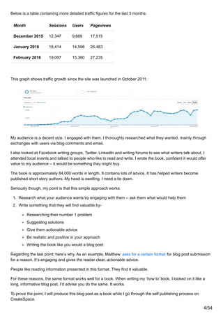 Below is a table containing more detailed traffic figures for the last 3 months:
Month Sessions Users Pageviews
December 2015 12,347 9,669 17,515
January 2016 18,414 14,598 26,483
February 2016 19,097 15,360 27,235
This graph shows traffic growth since the site was launched in October 2011:
My audience is a decent size. I engaged with them. I thoroughly researched what they wanted, mainly through
exchanges with users via blog comments and email.
I also looked at Facebook writing groups, Twitter, LinkedIn and writing forums to see what writers talk about. I
attended local events and talked to people who like to read and write. I wrote the book, confident it would offer
value to my audience – it would be something they might buy.
The book is approximately 84,000 words in length. It contains lots of advice. It has helped writers become
published short story authors. My head is swelling. I need a lie down.
Seriously though, my point is that this simple approach works:
1. Research what your audience wants by engaging with them – ask them what would help them
2. Write something that they will find valuable by-
Researching their number 1 problem
Suggesting solutions
Give them actionable advice
Be realistic and positive in your approach
Writing the book like you would a blog post
Regarding the last point; here’s why. As an example, Matthew asks for a certain format for blog post submission
for a reason. It’s engaging and gives the reader clear, actionable advice.
People like reading information presented in this format. They find it valuable.
For these reasons, the same format works well for a book. When writing my ‘how to’ book, I looked on it like a
long, informative blog post. I’d advise you do the same. It works.
To prove the point, I will produce this blog post as a book while I go through the self publishing process on
CreateSpace.
4/54
 