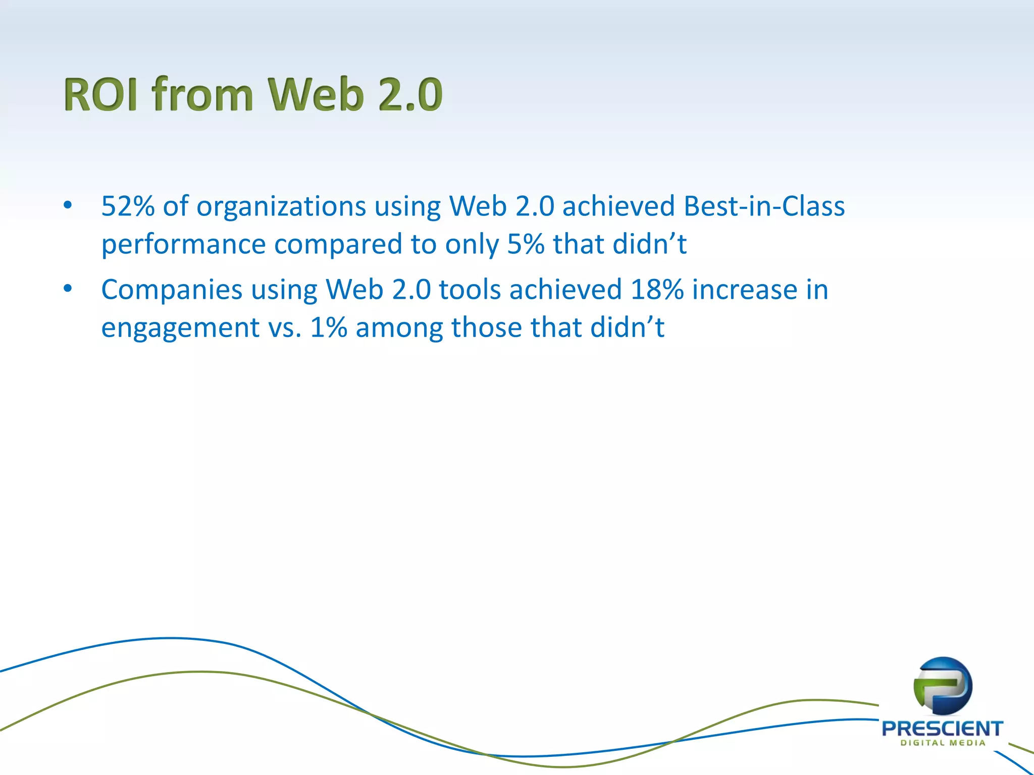 ROI from Web 2.0

• 52% of organizations using Web 2.0 achieved Best-in-Class
  performance compared to only 5% that didn’t
• Companies using Web 2.0 tools achieved 18% increase in
  engagement vs. 1% among those that didn’t




                                          -- Aberdeen Group
 