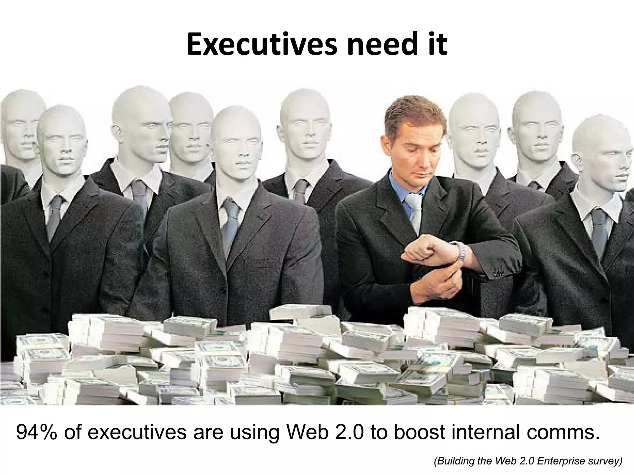 Executives need it




94% of executives are using Web 2.0 to boost internal comms.
Strictly Confidential   © 2011 Prescient Digital Media         (Building the Web 2.0 Enterprise survey)
Not For Distribution
 