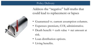 Policy Delivery
Address the “negative” half-truths that
could lead to replacement or lapses
• Guaranteed vs. current assumption columns.
• Expenses: premium, COI, administrative.
• Death benefit = cash value + net amount at
risk.
• Loan distribution options.
• Living benefits.
 