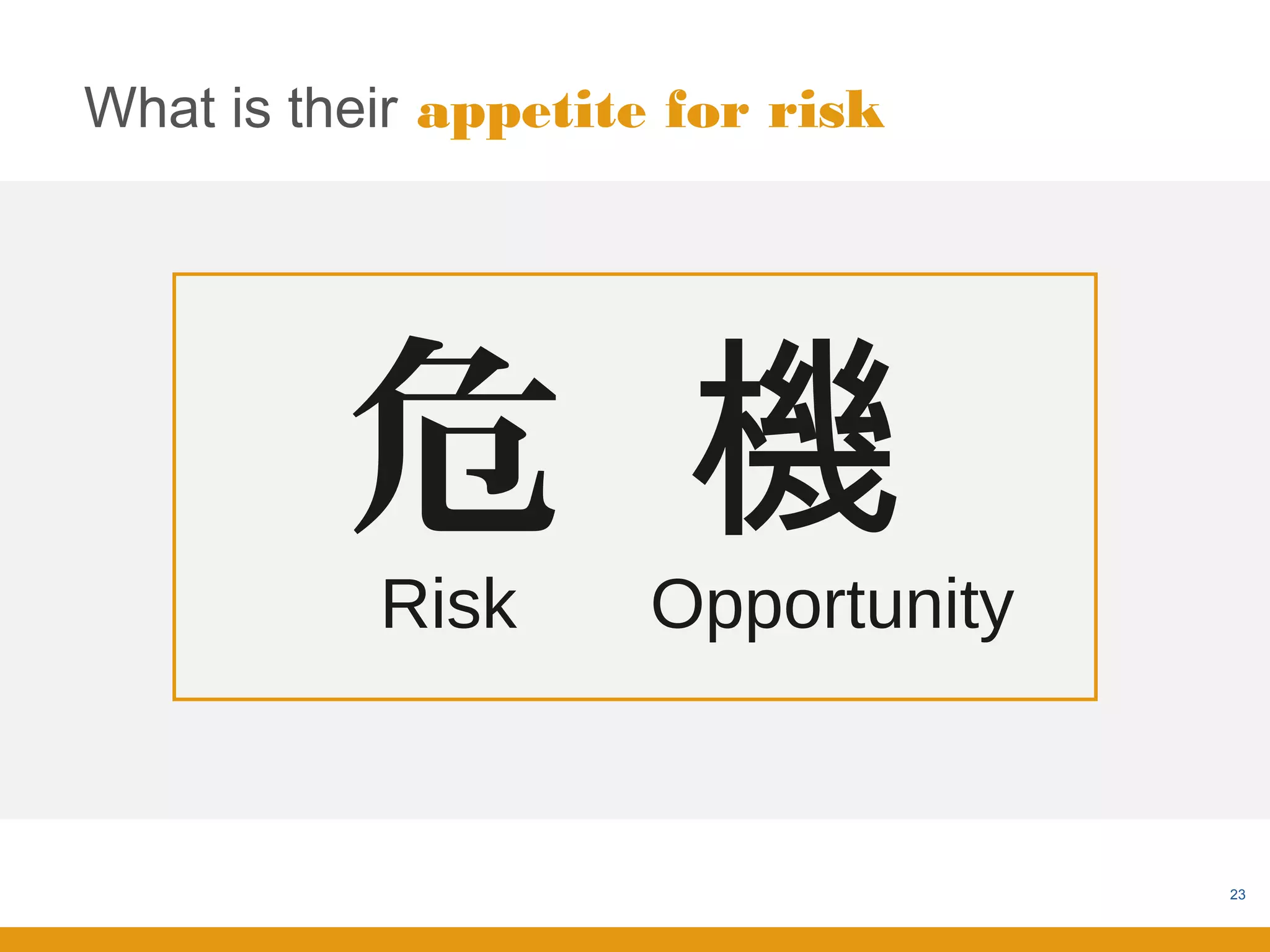 What is their appetite for risk




          危 機
           Risk      Opportunity


                                   23
 