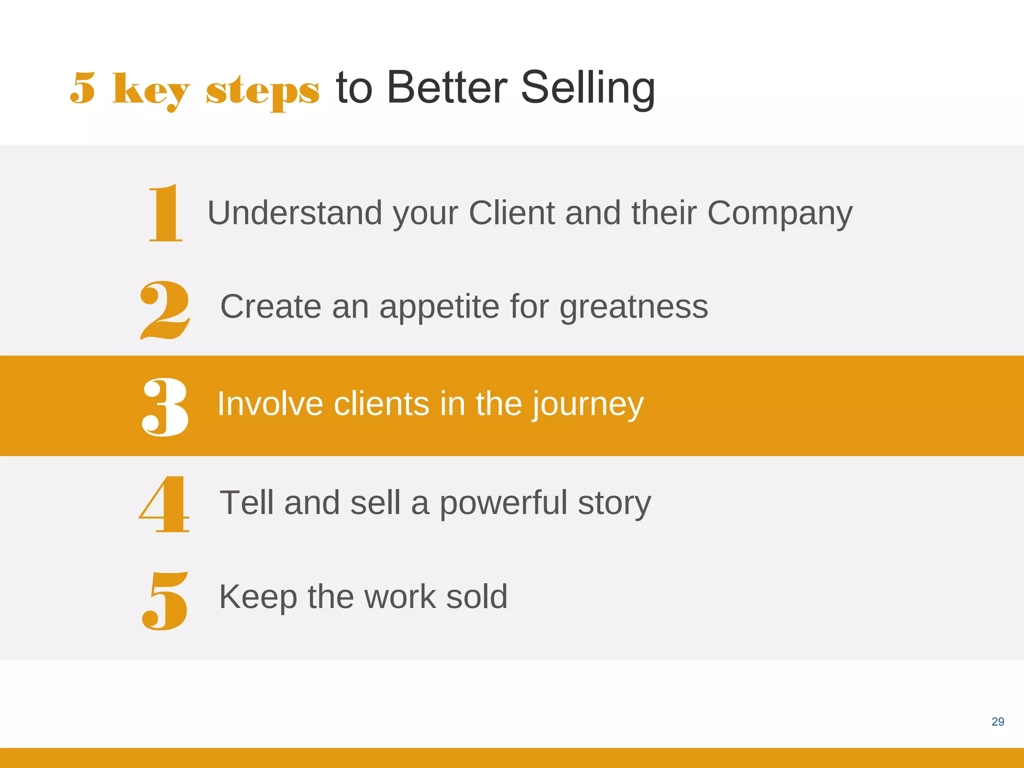 5 key steps to Better Selling


   1   Understand your Client and their Company


   2   Create an appetite for greatness


   3   Involve clients in the journey


   4   Tell and sell a powerful story


   5   Keep the work sold


                                                  29
 