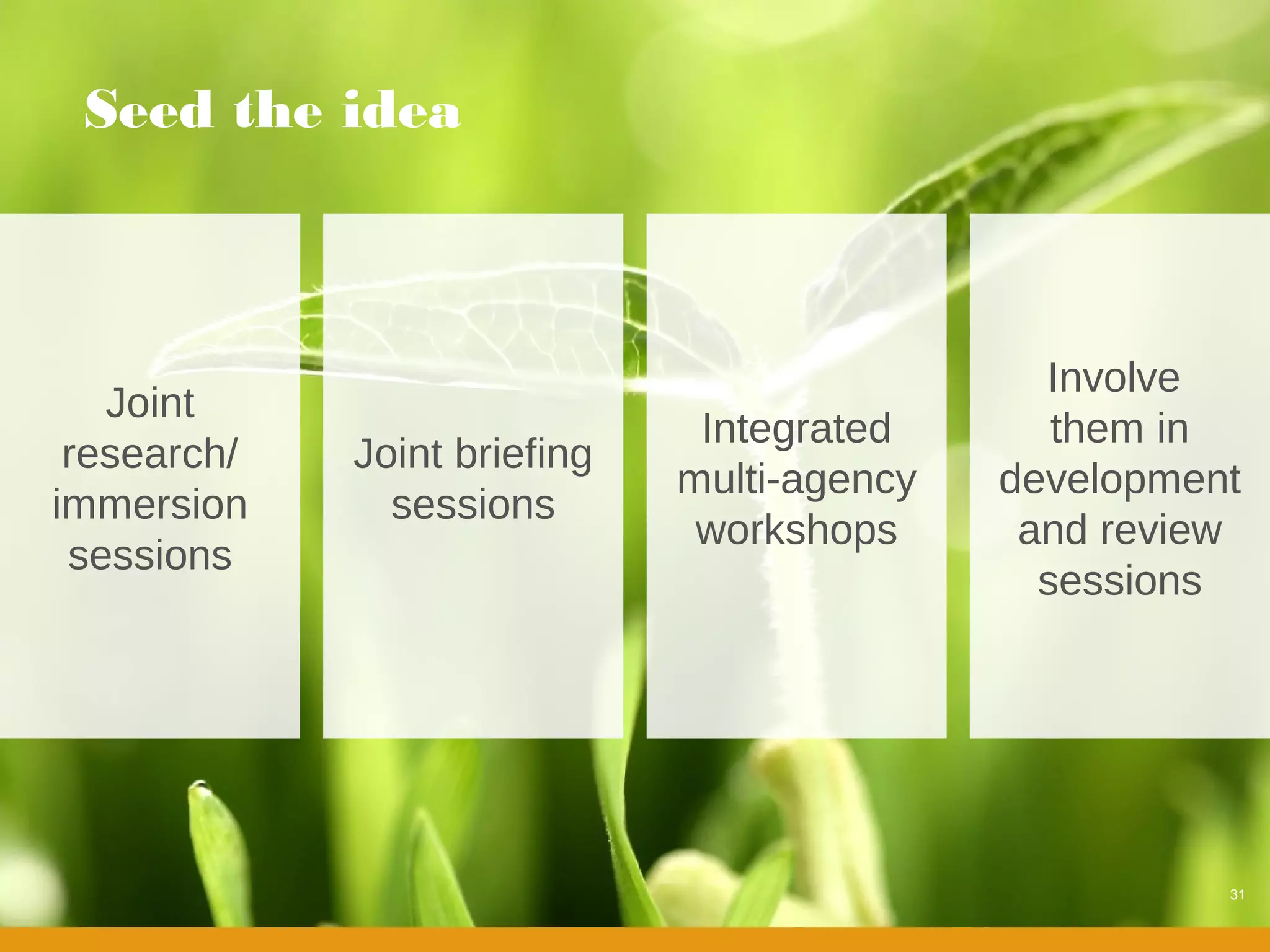 Seed the idea



                                               Involve
   Joint
                               Integrated       them in
 research/   Joint briefing
                              multi-agency   development
immersion      sessions
                               workshops      and review
 sessions
                                               sessions




                                                       31
 
