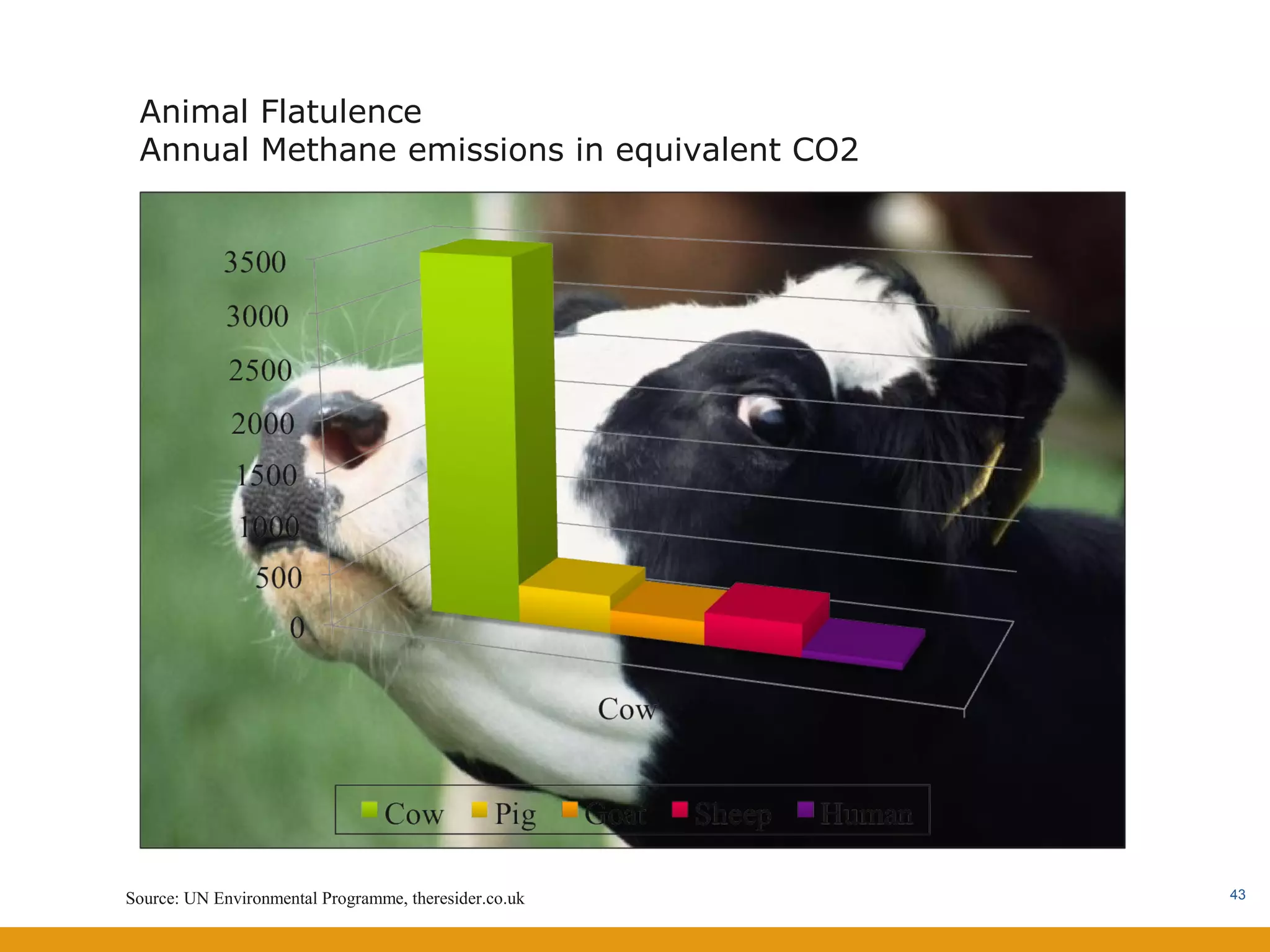 Animal Flatulence
 Annual Methane emissions in equivalent CO2




Source: UN Environmental Programme, theresider.co.uk   43
 