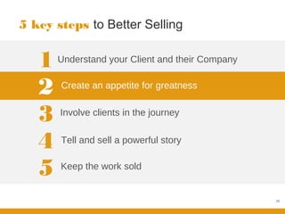 5 key steps to Better Selling


   1   Understand your Client and their Company


   2   Create an appetite for greatness


   3   Involve clients in the journey


   4   Tell and sell a powerful story


   5   Keep the work sold


                                                  25
 