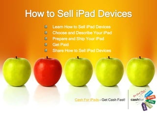 Learn How to Sell iPad Devices
Choose and Describe Your iPad
Prepare and Ship Your iPad
Get Paid
Share How to Sell iPad Devices




           Cash For iPads – Get Cash Fast!
 