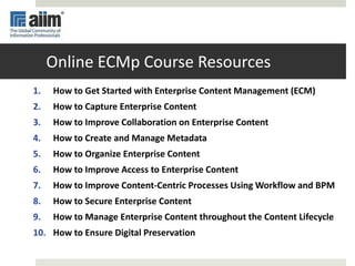 Online ECMp Course Resources
1. How to Get Started with Enterprise Content Management (ECM)
2. How to Capture Enterprise Content
3. How to Improve Collaboration on Enterprise Content
4. How to Create and Manage Metadata
5. How to Organize Enterprise Content
6. How to Improve Access to Enterprise Content
7. How to Improve Content-Centric Processes Using Workflow and BPM
8. How to Secure Enterprise Content
9. How to Manage Enterprise Content throughout the Content Lifecycle
10. How to Ensure Digital Preservation
 