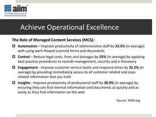 Achieve Operational Excellence
The Role of Managed Content Services (MCS):
 Automation – Improve productivity of administrative staff by 33.5% (in average)
with using work-flowed scanned forms and documents
 Control – Reduce legal costs, fines and damages by 25% (in average) by applying
best practice procedures to records management, security and e-Discovery
 Engagement - Improve customer service levels and response times by 32.2% (in
average) by providing immediately access to all customer related and case-
related information that you hold
 Insights - Improve productivity of professional staff by 30.9% (in average) by
ensuring they can find internal information and documents as quickly and as
easily as they find information on the web
Source: AIIM.org
 