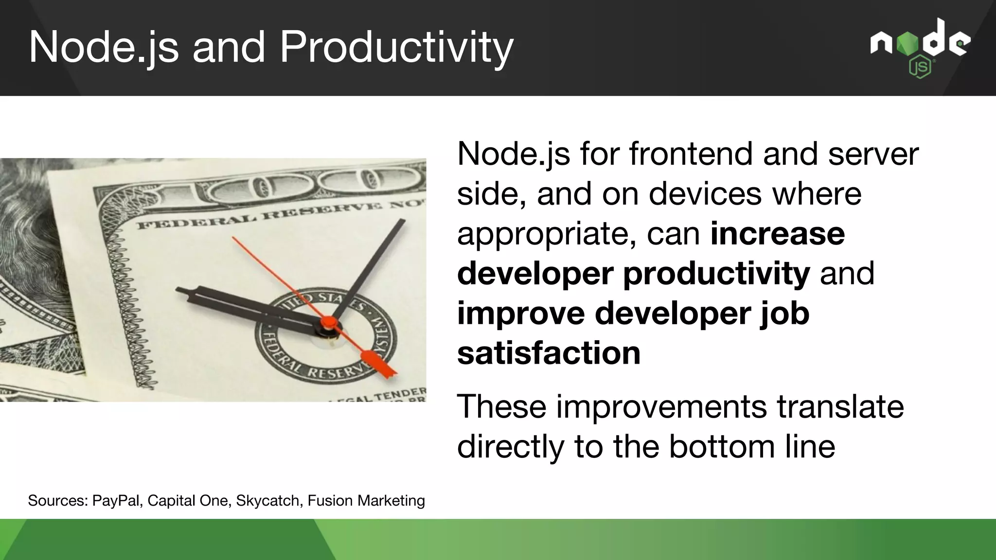 Node.js and Productivity
Node.js for frontend and server
side, and on devices where
appropriate, can increase
developer productivity and
improve developer job
satisfaction
These improvements translate
directly to the bottom line
Sources: PayPal, Capital One, Skycatch, Fusion Marketing
 