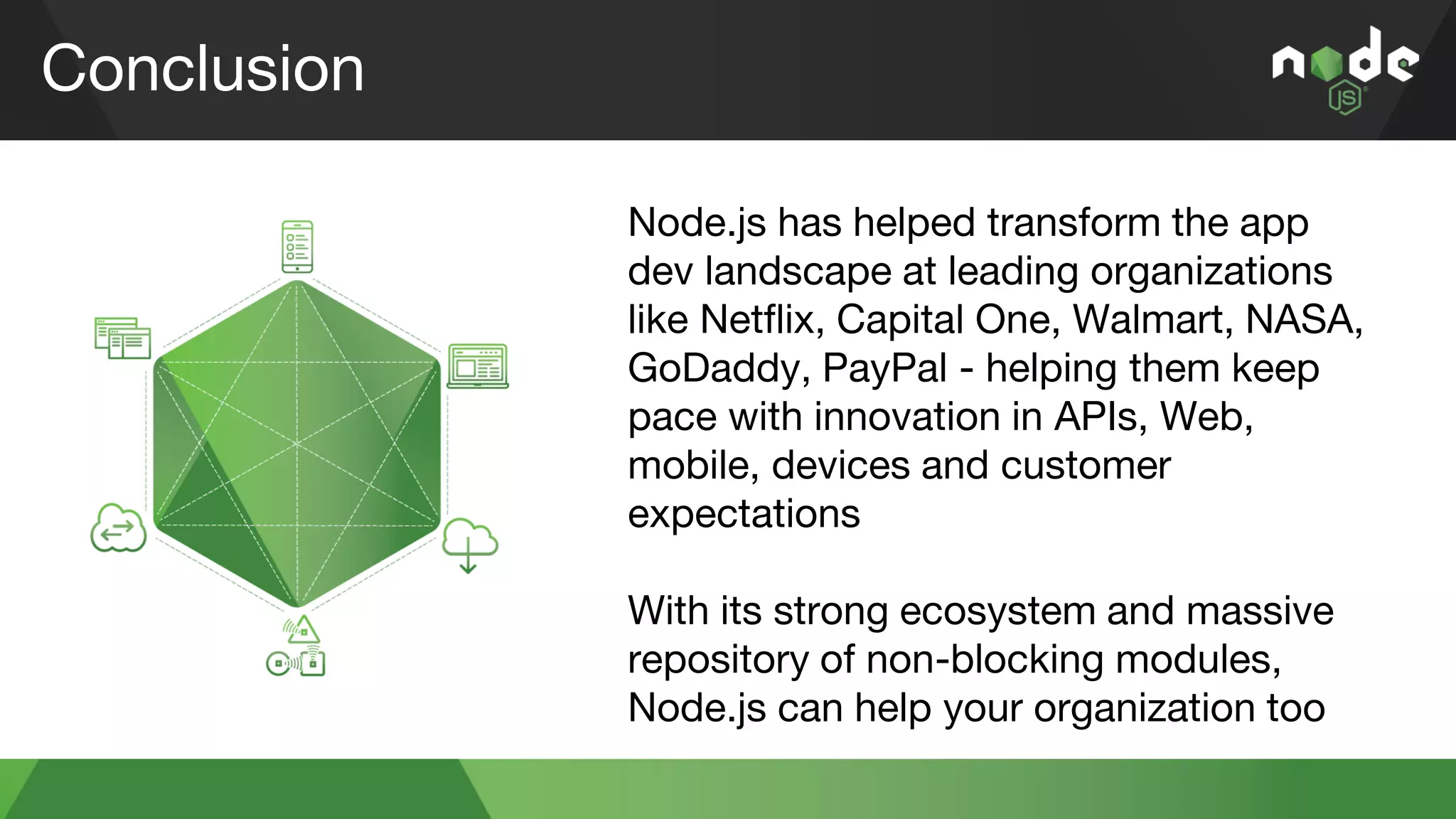 Conclusion
Node.js has helped transform the app
dev landscape at leading organizations
like Netflix, Capital One, Walmart, NASA,
GoDaddy, PayPal - helping them keep
pace with innovation in APIs, Web,
mobile, devices and customer
expectations
With its strong ecosystem and massive
repository of non-blocking modules,
Node.js can help your organization too
 