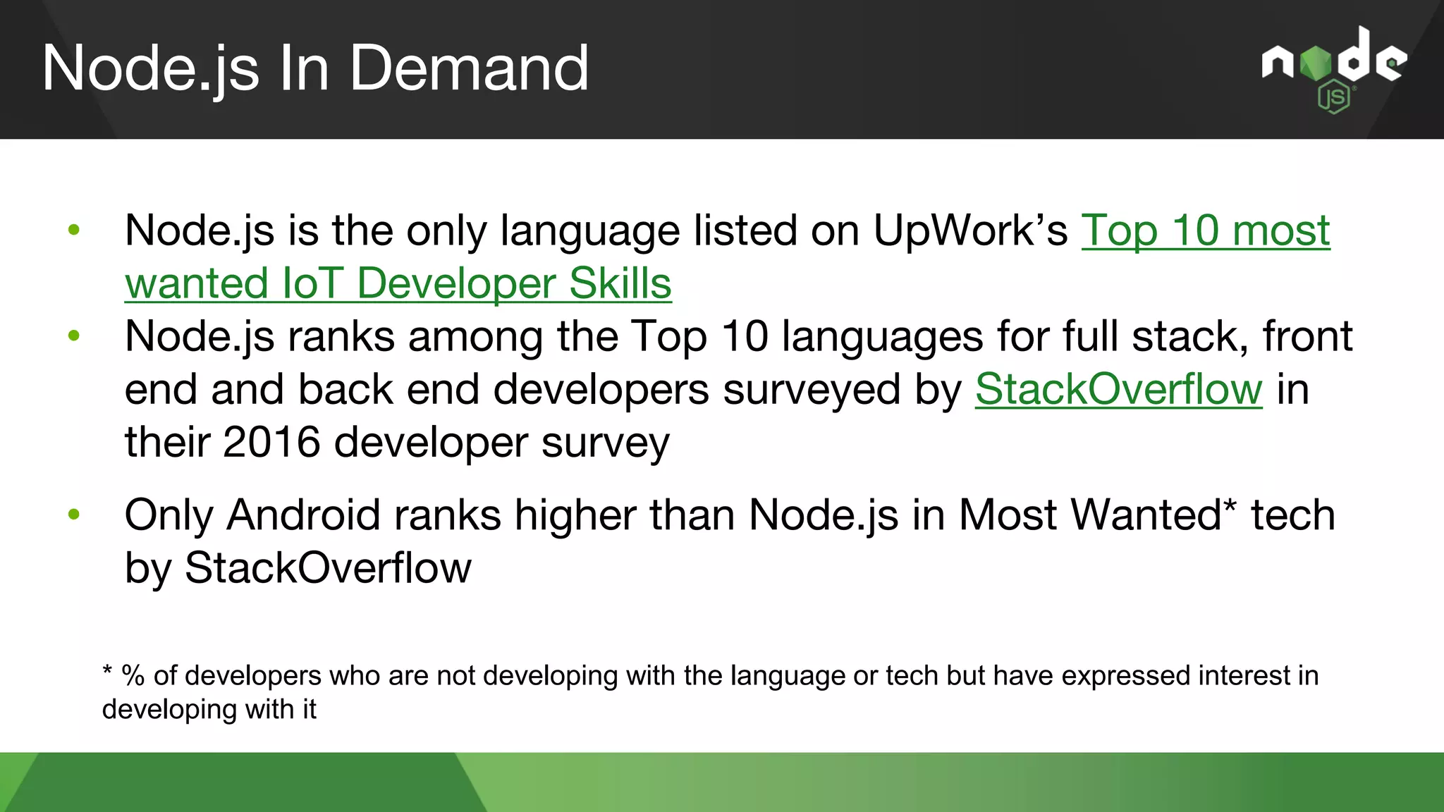 Node.js In Demand
• Node.js is the only language listed on UpWork’s Top 10 most
wanted IoT Developer Skills
• Node.js ranks among the Top 10 languages for full stack, front
end and back end developers surveyed by StackOverflow in
their 2016 developer survey
• Only Android ranks higher than Node.js in Most Wanted* tech
by StackOverflow
* % of developers who are not developing with the language or tech but have expressed interest in
developing with it
 