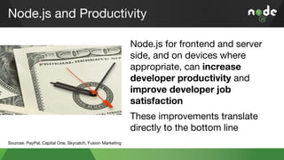 Node.js and Productivity
Node.js for frontend and server
side, and on devices where
appropriate, can increase
developer pr...