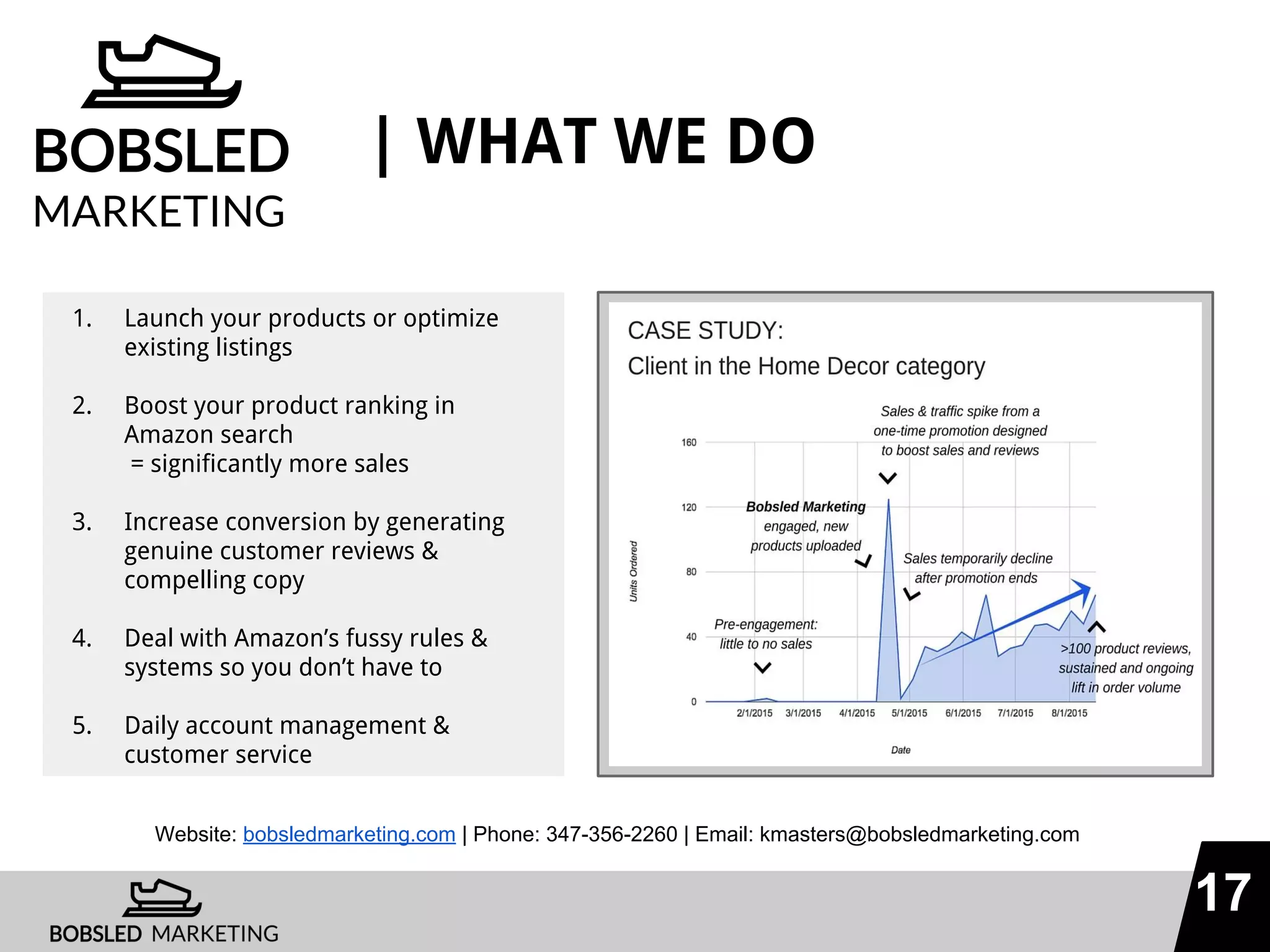 17
| WHAT WE DO
1. Launch your products or optimize
existing listings
2. Boost your product ranking in
Amazon search
= significantly more sales
3. Increase conversion by generating
genuine customer reviews &
compelling copy
4. Deal with Amazon’s fussy rules &
systems so you don’t have to
5. Daily account management &
customer service
Website: bobsledmarketing.com | Phone: 347-356-2260 | Email: kmasters@bobsledmarketing.com
 