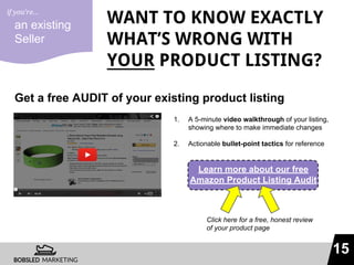 15
WANT TO KNOW EXACTLY
WHAT’S WRONG WITH
YOUR PRODUCT LISTING?
Get a free AUDIT of your existing product listing
an exist...