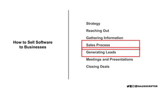 Strategy
Reaching Out
Gathering Information
Sales Process
Generating Leads
Meetings and Presentations
Closing Deals
How to Sell Software
to Businesses
 