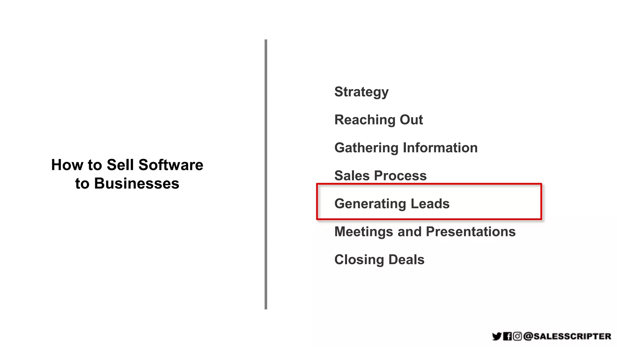 Strategy
Reaching Out
Gathering Information
Sales Process
Generating Leads
Meetings and Presentations
Closing Deals
How to Sell Software
to Businesses
 