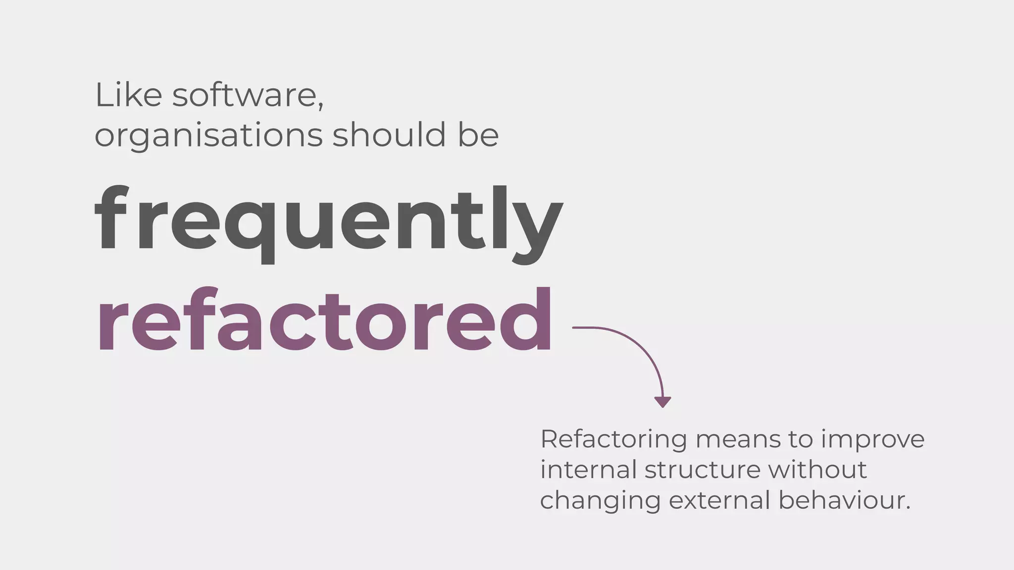 frequently
refactored
Like software,
organisations should be
Refactoring means to improve
internal structure without
changing external behaviour.
 