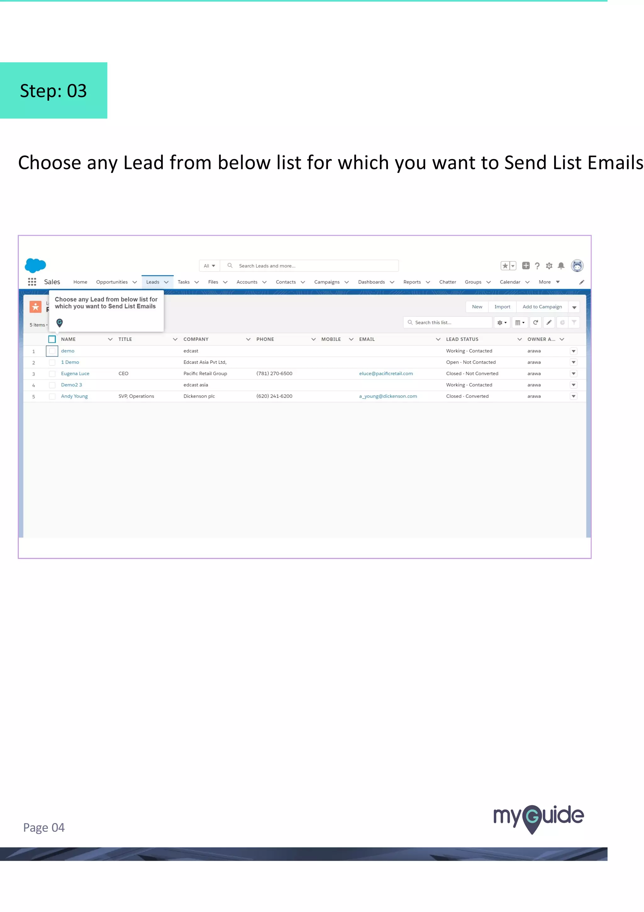 Step: 03
Choose any Lead from below list for which you want to Send List Emails
Page 04