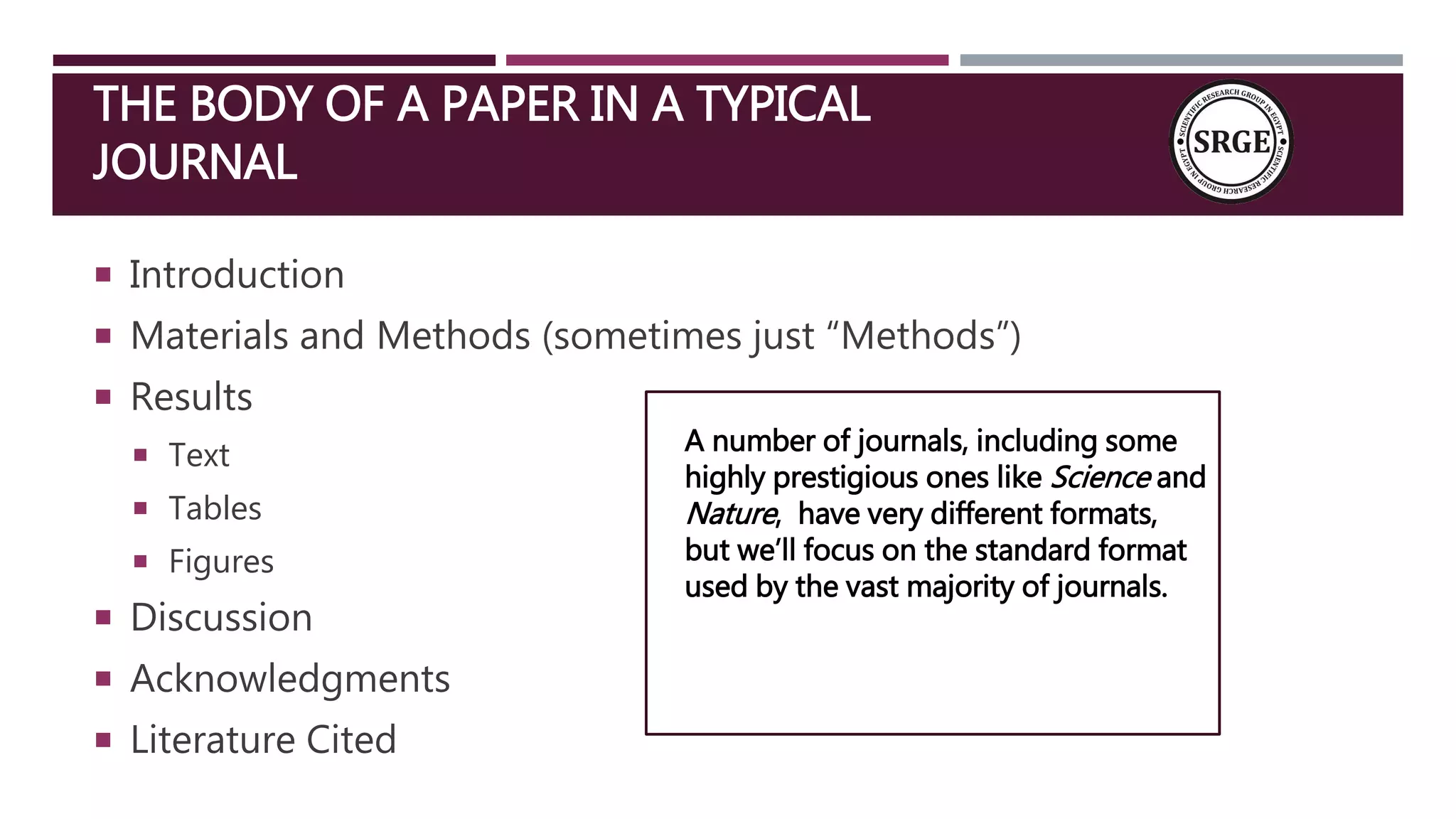 THE BODY OF A PAPER IN A TYPICAL
JOURNAL
 Introduction
 Materials and Methods (sometimes just “Methods”)
 Results
 Text
 Tables
 Figures
 Discussion
 Acknowledgments
 Literature Cited
A number of journals, including some
highly prestigious ones like Science and
Nature, have very different formats,
but we’ll focus on the standard format
used by the vast majority of journals.
 