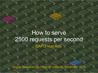How to serve
2500 requests per second
SAPO text Ads
Miguel Mascarenhas Filipe @ codebits, November 2010
 