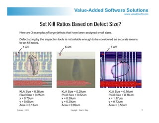 Set Kill Ratios Based on Defect Size?
   Here are 3 examples of large defects that have been assigned small sizes.

   Defect sizing by the inspection tools is not reliable enough to be considered an accurate means
   to set kill ratios.
      1 um                               5 um                                  5 um




   KLA Size = 0.36um                KLA Size = 0.29um                     KLA Size = 0.76um
   Pixel Size = 0.25um              Pixel Size = 0.62um                   Pixel Size = 0.16um
   x = 0.70um                       x = 0.39um                            x = 1.17um
   y = 5.05um                       y = 0.39um                            y = 0.73um
   Area = 0.13um                    Area = 0.09um                         Area = 0.50um
February 1, 2010                            Copyright Stuart L. Riley                                11
 