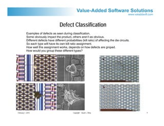 Defect Classification
           Examples of defects as seen during classification.
           Some obviously impact the product, others aren’t as obvious.
           Different defects have different probabilities (kill ratio) of affecting the die circuits.
           So each type will have its own kill ratio assignment.
           How well this assignment works, depends on how defects are groped.
           How would you group these different types?




February 1, 2010                                   Copyright Stuart L. Riley                            4
 