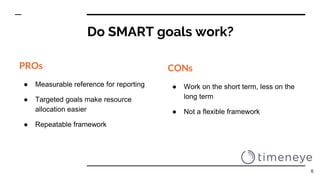 Do SMART goals work?
PROs
● Measurable reference for reporting
● Targeted goals make resource
allocation easier
● Repeatable framework
CONs
● Work on the short term, less on the
long term
● Not a flexible framework
6
 