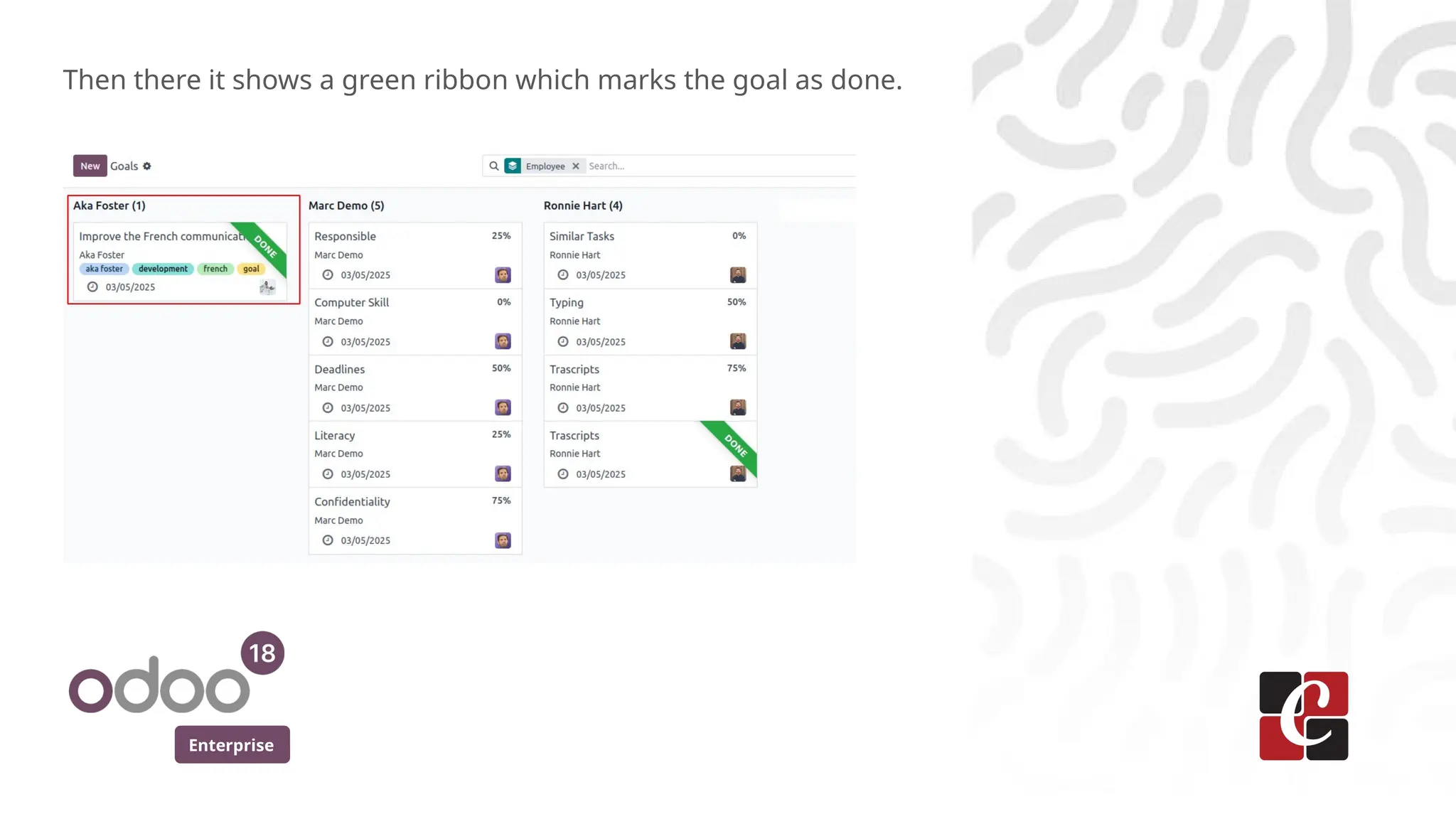 Enterprise
Then there it shows a green ribbon which marks the goal as done.
 