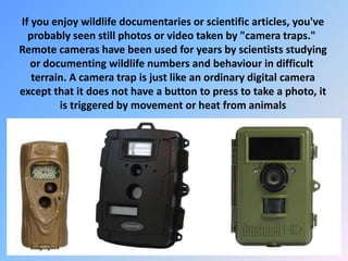 If you enjoy wildlife documentaries or scientific articles, you've
probably seen still photos or video taken by "camera traps."
Remote cameras have been used for years by scientists studying
or documenting wildlife numbers and behaviour in difficult
terrain. A camera trap is just like an ordinary digital camera
except that it does not have a button to press to take a photo, it
is triggered by movement or heat from animals
 