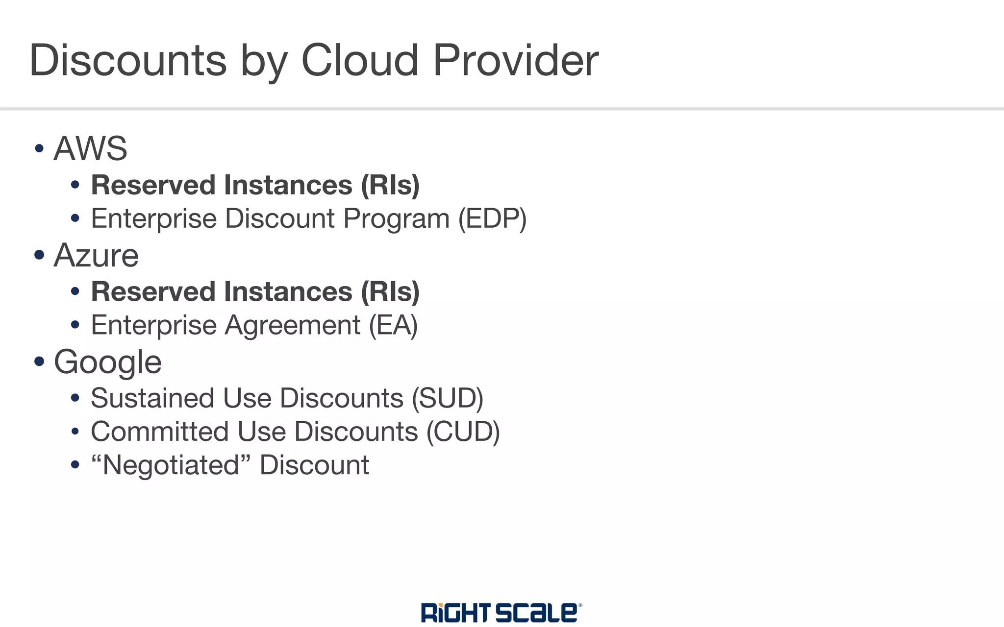 • AWS
• Reserved Instances (RIs)
• Enterprise Discount Program (EDP)
• Azure
• Reserved Instances (RIs)
• Enterprise Agreement (EA)
• Google
• Sustained Use Discounts (SUD)
• Committed Use Discounts (CUD)
• “Negotiated” Discount
Discounts by Cloud Provider
 