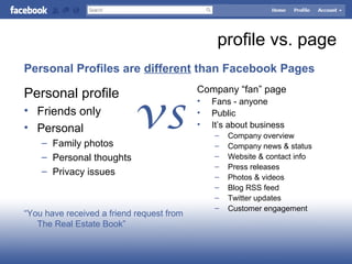 profile vs. page
Personal profile
• Friends only
• Personal
– Family photos
– Personal thoughts
– Privacy issues
“You have received a friend request from
The Real Estate Book”
Company “fan” page
• Fans - anyone
• Public
• It’s about business
– Company overview
– Company news & status
– Website & contact info
– Press releases
– Photos & videos
– Blog RSS feed
– Twitter updates
– Customer engagement
Personal Profiles are different than Facebook Pages
vs
 