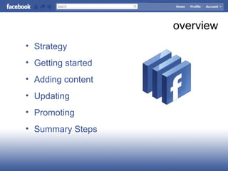 overview
• Strategy
• Getting started
• Adding content
• Updating
• Promoting
• Summary Steps
 
