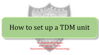 How to set up a TDM unit
Dr. Shakeeb Dhorajiwala
DM resident- 1st year
Department of Clinical Pharmacology
 