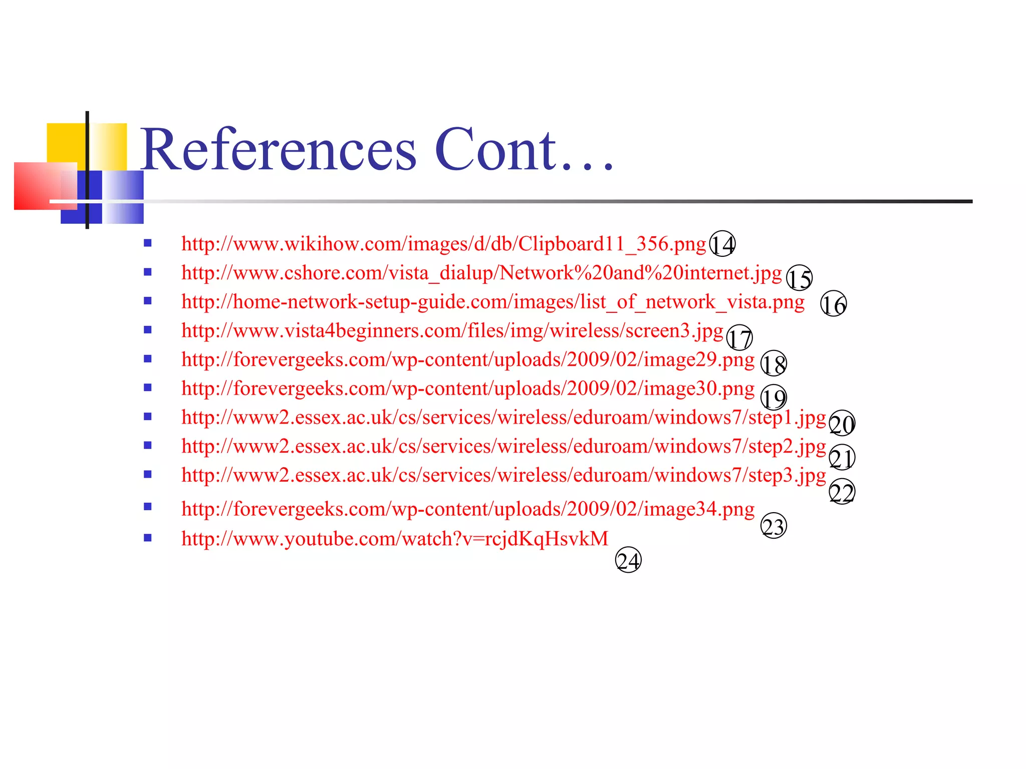 References Cont… http://www.wikihow.com/images/d/db/Clipboard11_356.png http://www.cshore.com/vista_dialup/Network%20and%20internet.jpg http://home-network-setup-guide.com/images/list_of_network_vista.png http://www.vista4beginners.com/files/img/wireless/screen3.jpg   http://forevergeeks.com/wp-content/uploads/2009/02/image29.png http://forevergeeks.com/wp-content/uploads/2009/02/image30.png http://www2.essex.ac.uk/cs/services/wireless/eduroam/windows7/step1.jpg http://www2.essex.ac.uk/cs/services/wireless/eduroam/windows7/step2.jpg http://www2.essex.ac.uk/cs/services/wireless/eduroam/windows7/step3.jpg http://forevergeeks.com/wp-content/uploads/2009/02/image34.png   http://www.youtube.com/watch?v=rcjdKqHsvkM 21 20 19 18 17 16 15 14 22 23 24 