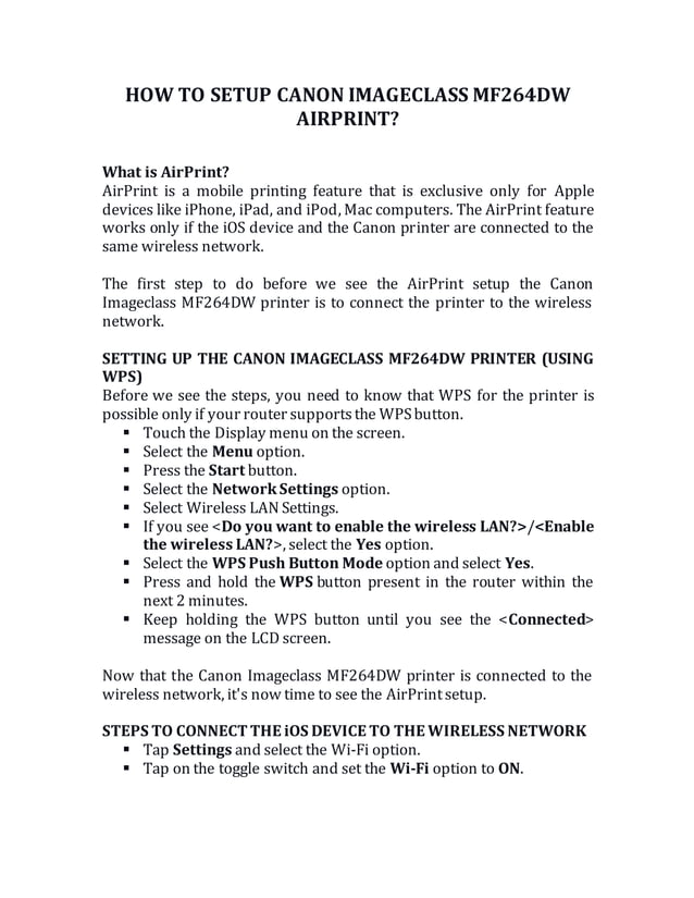 HOW TO SETUP CANON IMAGECLASS MF264DW AIRPRINT? PDF Free Download