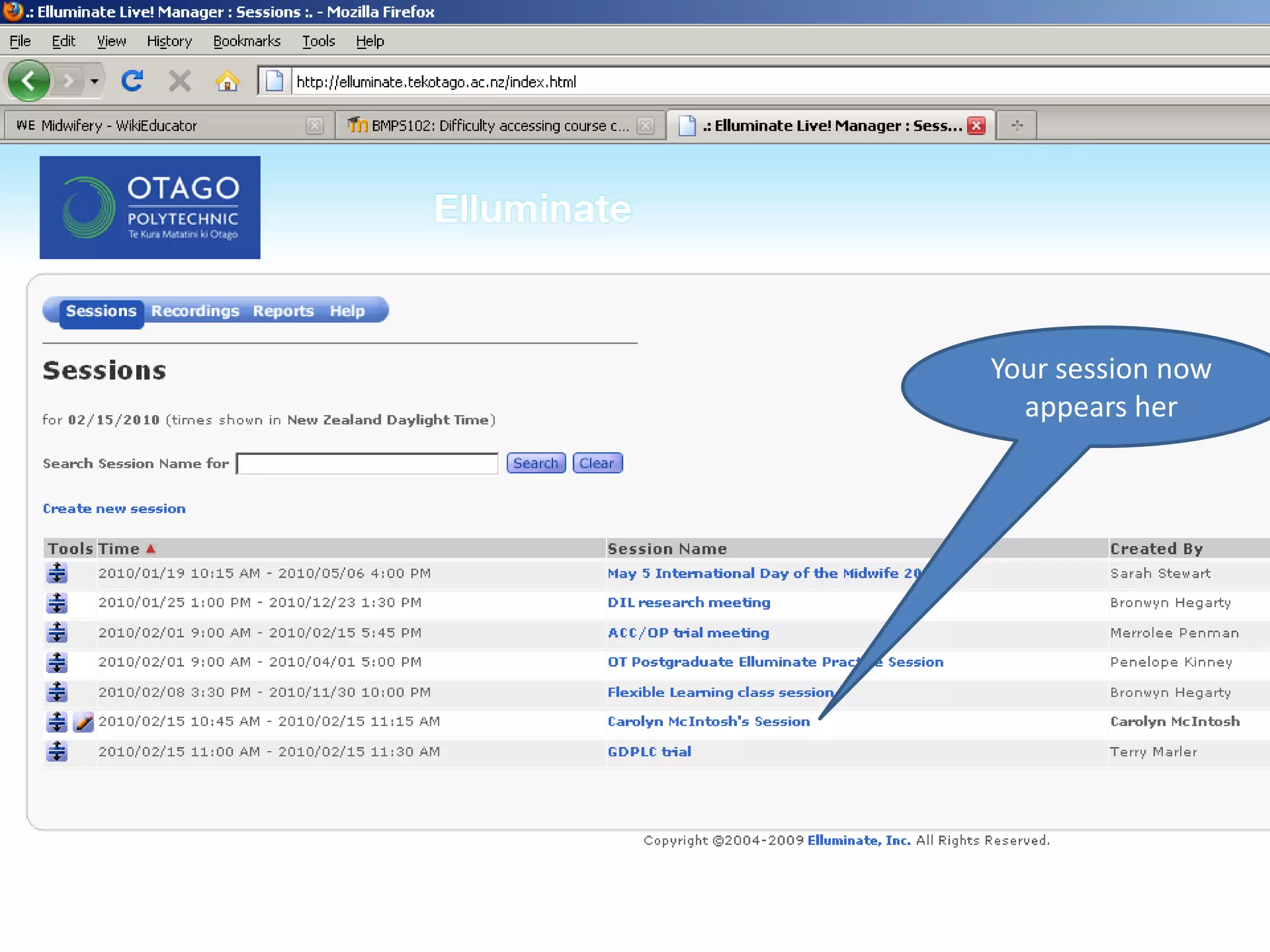 Your session now appears her