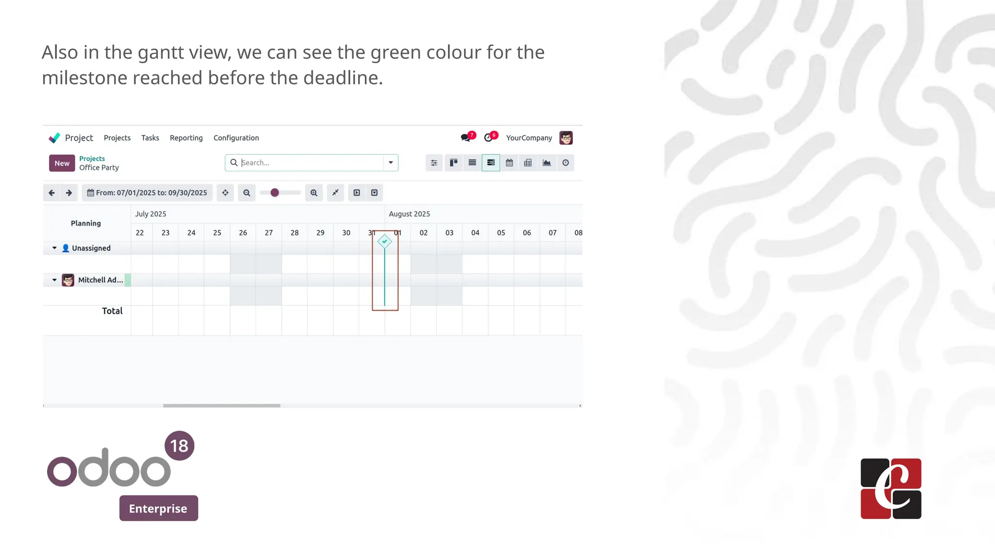 Enterprise
Also in the gantt view, we can see the green colour for the
milestone reached before the deadline.
 