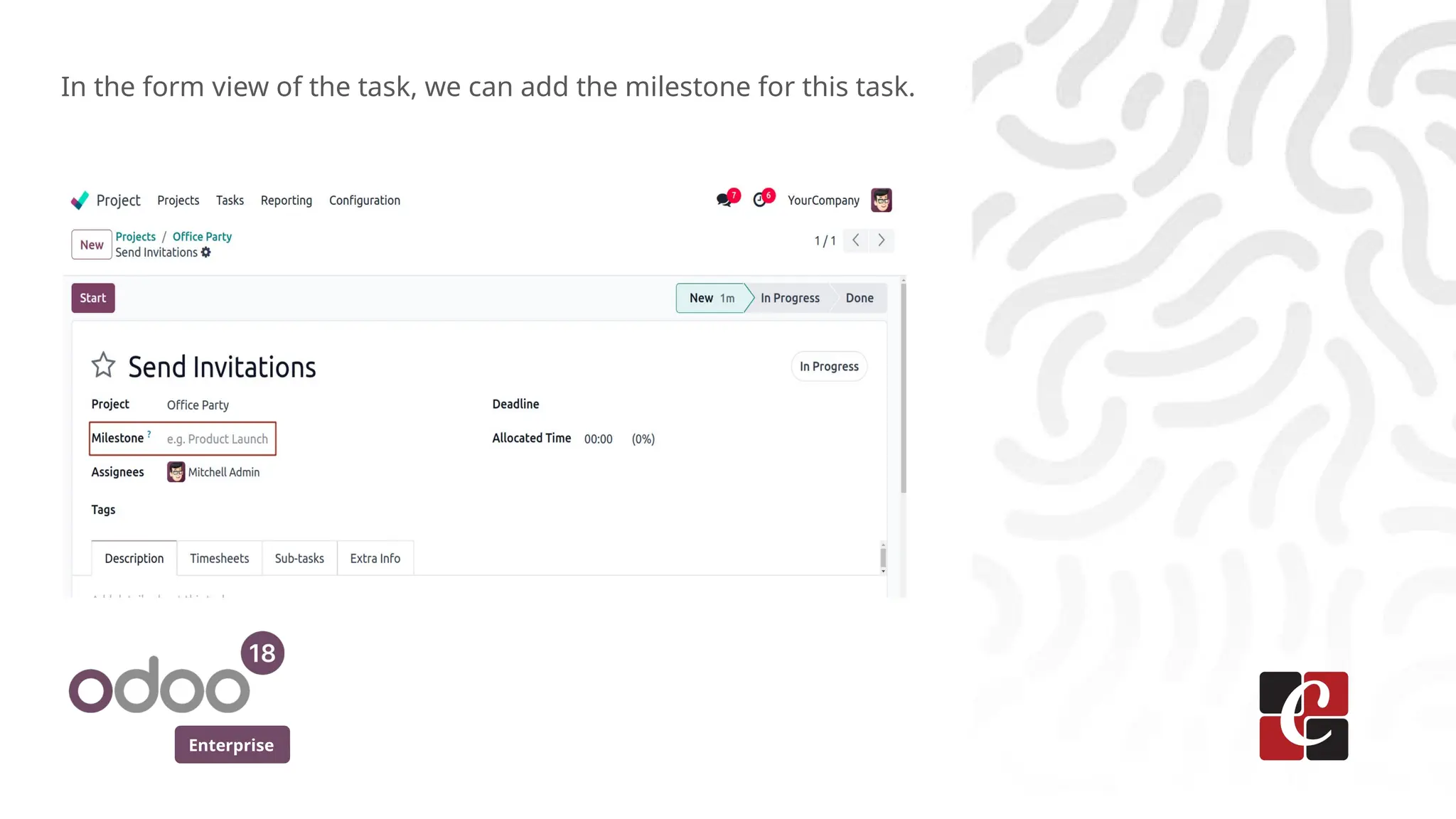 Enterprise
In the form view of the task, we can add the milestone for this task.
 
