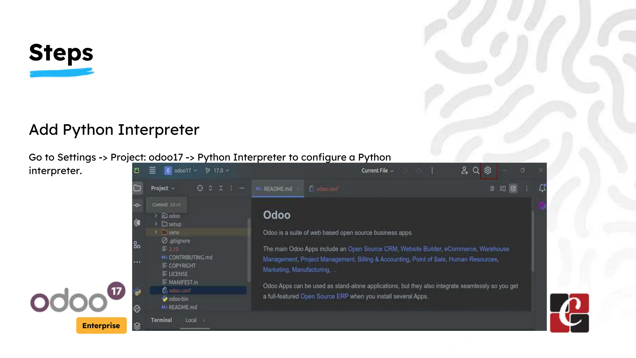 Steps
Enterprise
Add Python Interpreter
Go to Settings -> Project: odoo17 -> Python Interpreter to configure a Python
interpreter.
 