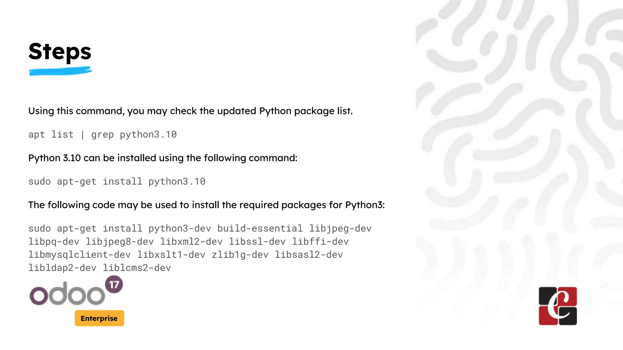 Steps
Enterprise
Using this command, you may check the updated Python package list.
apt list | grep python3.10
Python 3.10 can be installed using the following command:
sudo apt-get install python3.10
The following code may be used to install the required packages for Python3:
sudo apt-get install python3-dev build-essential libjpeg-dev
libpq-dev libjpeg8-dev libxml2-dev libssl-dev libffi-dev
libmysqlclient-dev libxslt1-dev zlib1g-dev libsasl2-dev
libldap2-dev liblcms2-dev
 