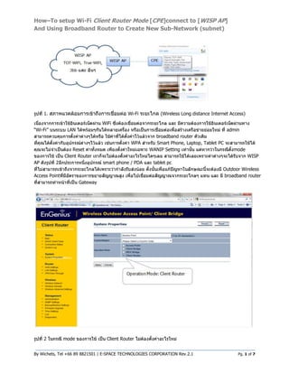 How–To setup Wi-Fi Client Router Mode [CPE]connect to [WISP AP]
And Using Broadband Router to Create New Sub-Network (subnet)




     1.                                     Wi-Fi        (Wireless Long distance Internet Access)

                                WiFi
Wi-Fi”          LAN                                                                     admin
                                                      broadband router
                                             WPA      Smart Phone, Laptop, Tablet PC
                   Reset                            WANIP Setting                          mode
               Client Router                                                                        WISP
AP        2                     smart phone / PDA     tablet pc
                                                                                      Outdoor Wireless
Access Point                                                                          broadband router
                      Gateway




     2         mode               Client Router


By Wichets, Tel +66 89 8821501 | E-SPACE TECHNOLOGIES CORPORATION Rev 2.1                    Pg. 1 of 7
 