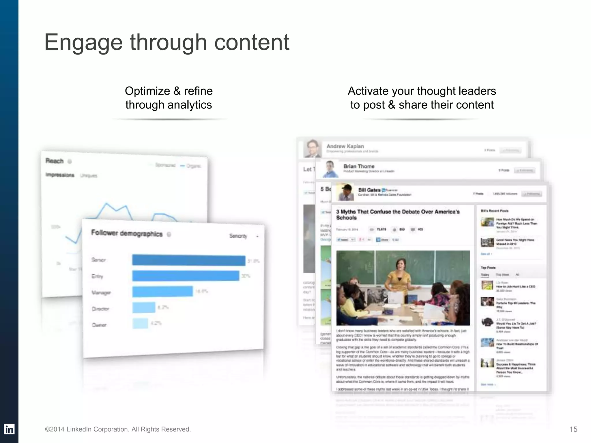©2014 LinkedIn Corporation. All Rights Reserved. 15
Optimize & refine
through analytics
Activate your thought leaders
to post & share their content
Engage through content
 