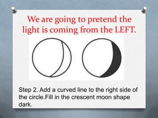 We are going to pretend the
 light is coming from the LEFT.




Step 2. Add a curved line to the right side of
the circle.Fill in the crescent moon shape
dark.
 