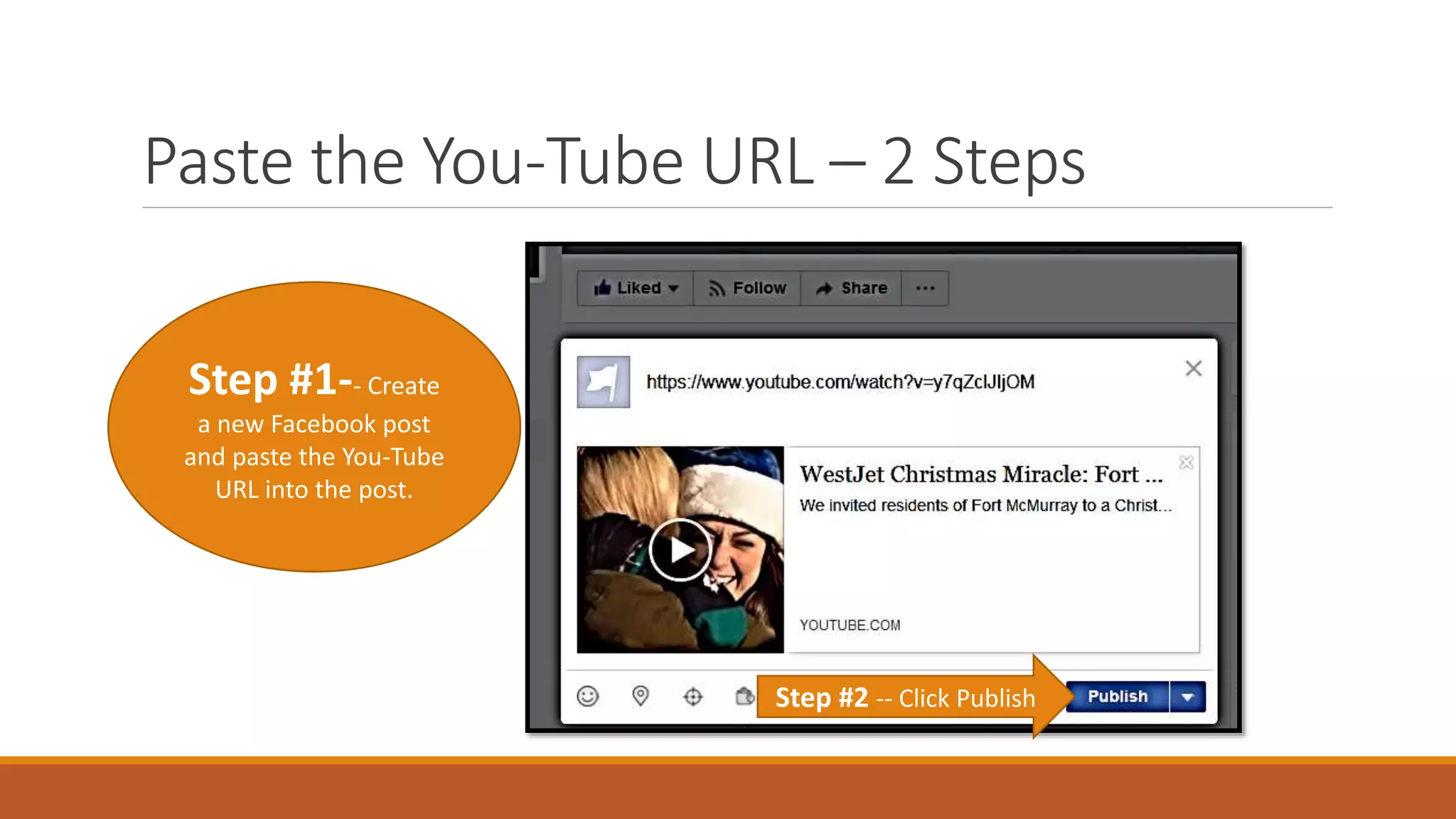 Paste the You-Tube URL – 2 Steps
Step #1-- Create
a new Facebook post
and paste the You-Tube
URL into the post.
Step #2 -- Click Publish
 