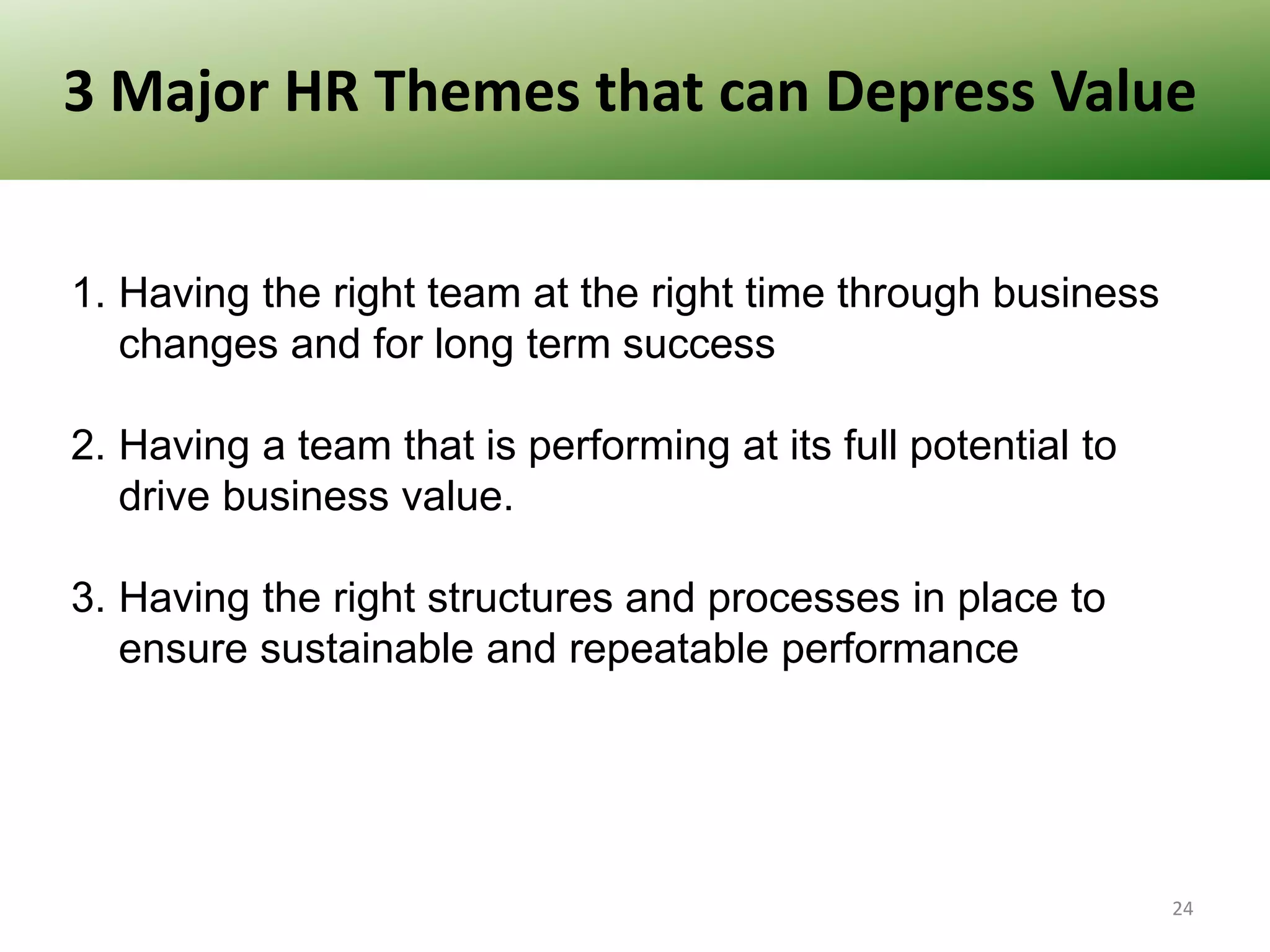 3 Major HR Themes that can Depress Value
1. Having the right team at the right time through business
changes and for long term success
2. Having a team that is performing at its full potential to
drive business value.
3. Having the right structures and processes in place to
Financial
Measures sustainable and repeatable performance
ensure
Revenue, EBITDA

24

 