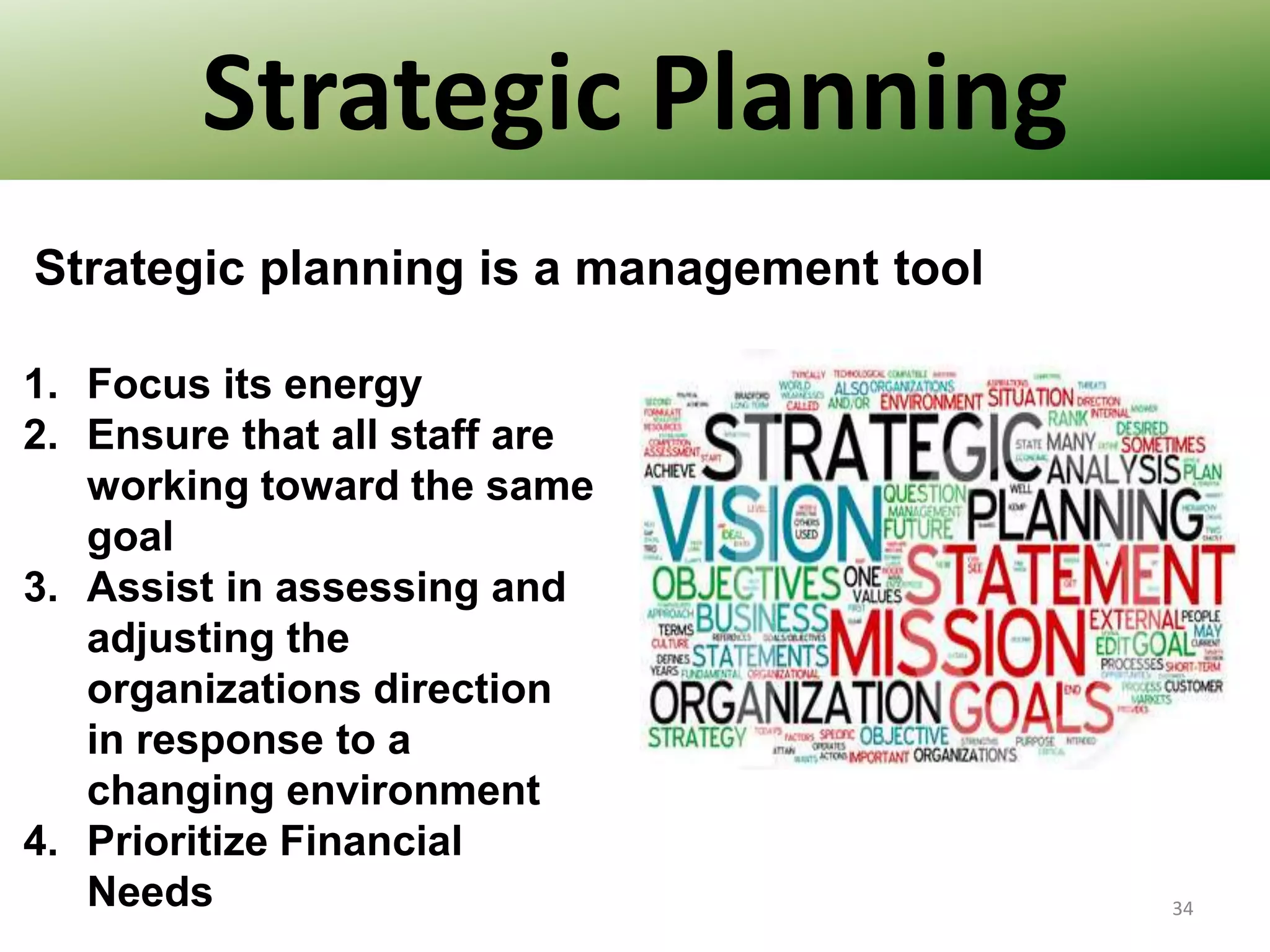 Strategic Planning
Strategic planning is a management tool
1. Focus its energy
2. Ensure that all staff are
working toward the same
goal
3. Assist in assessing and
adjusting the
organizations direction
in response to a
changing environment
4. Prioritize Financial
Needs

34

 