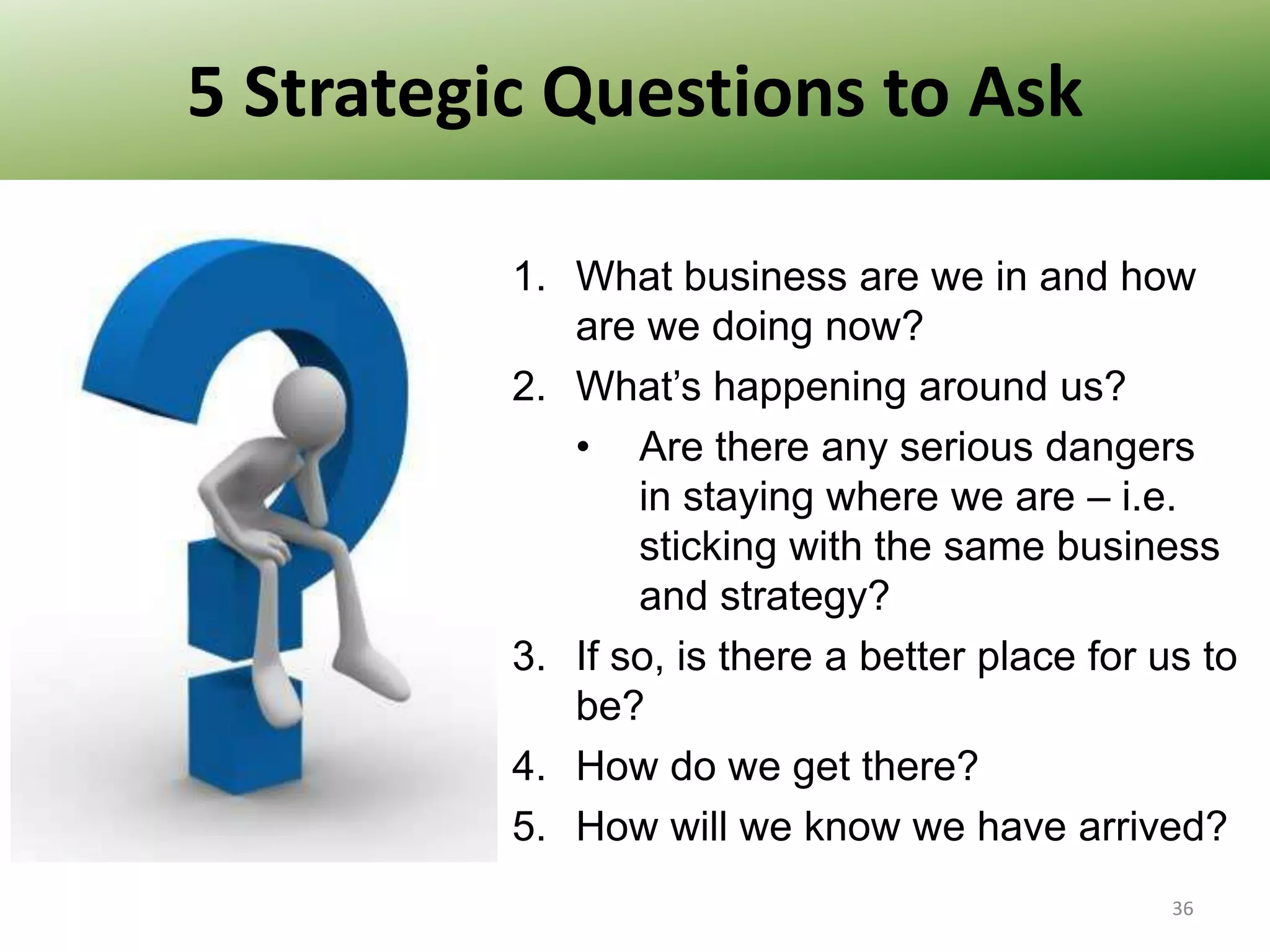 5 Strategic Questions to Ask
1. What business are we in and how
are we doing now?
2. What’s happening around us?
• Are there any serious dangers
in staying where we are – i.e.
sticking with the same business
and strategy?
3. If so, is there a better place for us to
be?
4. How do we get there?
5. How will we know we have arrived?
36

 