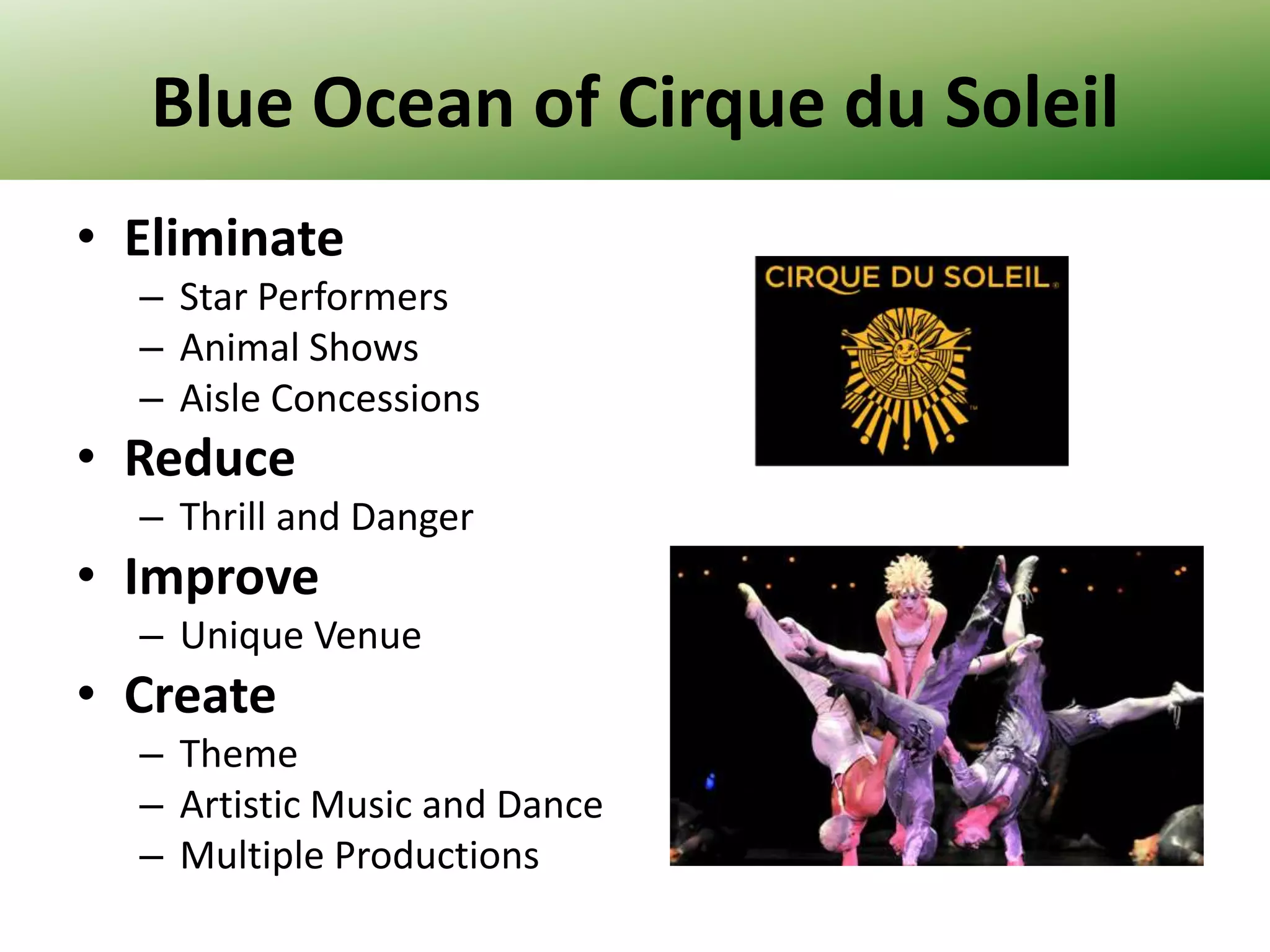 Blue Ocean of Cirque du Soleil
• Eliminate
– Star Performers
– Animal Shows
– Aisle Concessions

• Reduce
– Thrill and Danger

• Improve
– Unique Venue

• Create
– Theme
– Artistic Music and Dance
– Multiple Productions

 