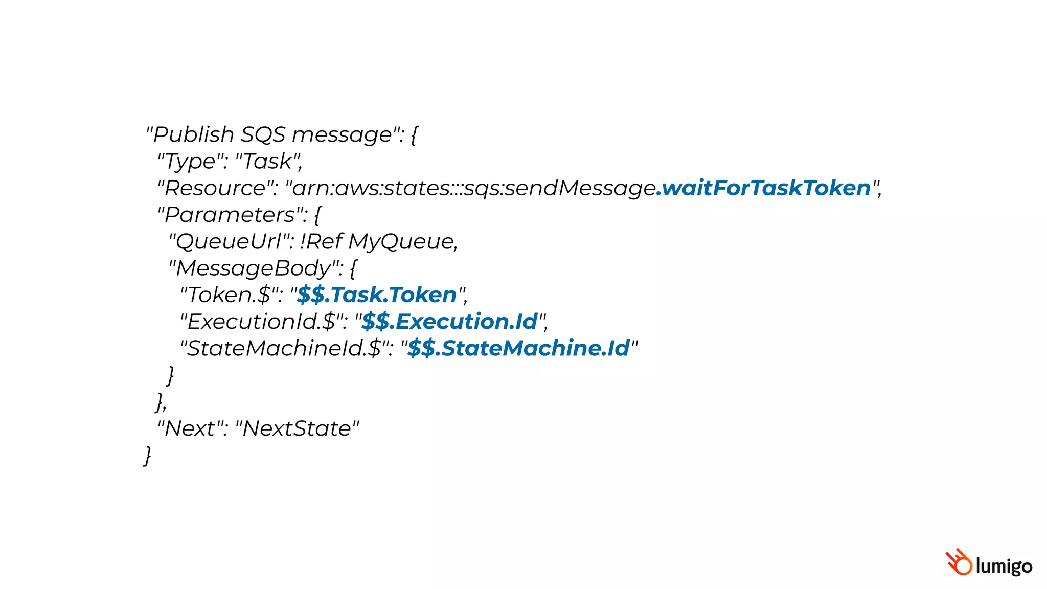 "Publish SQS message": {
 "Type": "Task",
 "Resource": "arn:aws:states:::sqs:sendMessage.waitForTaskToken",
 "Parameters": {
 "QueueUrl": !Ref MyQueue,
"MessageBody": {
"Token.$": "$$.Task.Token",
"ExecutionId.$": "$$.Execution.Id",
"StateMachineId.$": "$$.StateMachine.Id"
}
},
 "Next": "NextState"
}
 