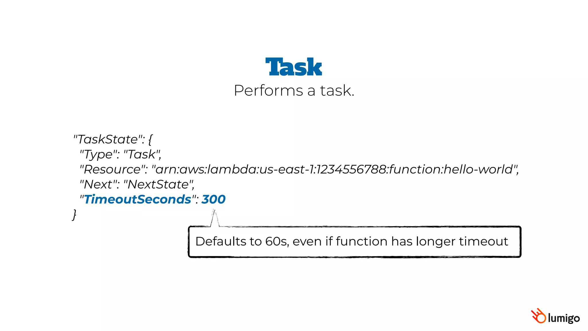 "TaskState": {
 "Type": "Task",
 "Resource": "arn:aws:lambda:us-east-1:1234556788:function:hello-world",
 "Next": "NextState",
 "TimeoutSeconds": 300
}
Task
Defaults to 60s, even if function has longer timeout
Performs a task.
 